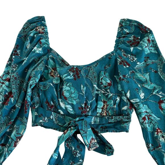 Band of the Free Sybille Teal Floral V-Neck Crop Top Long Sleeve Blouse Size XS - Picture 7 of 7